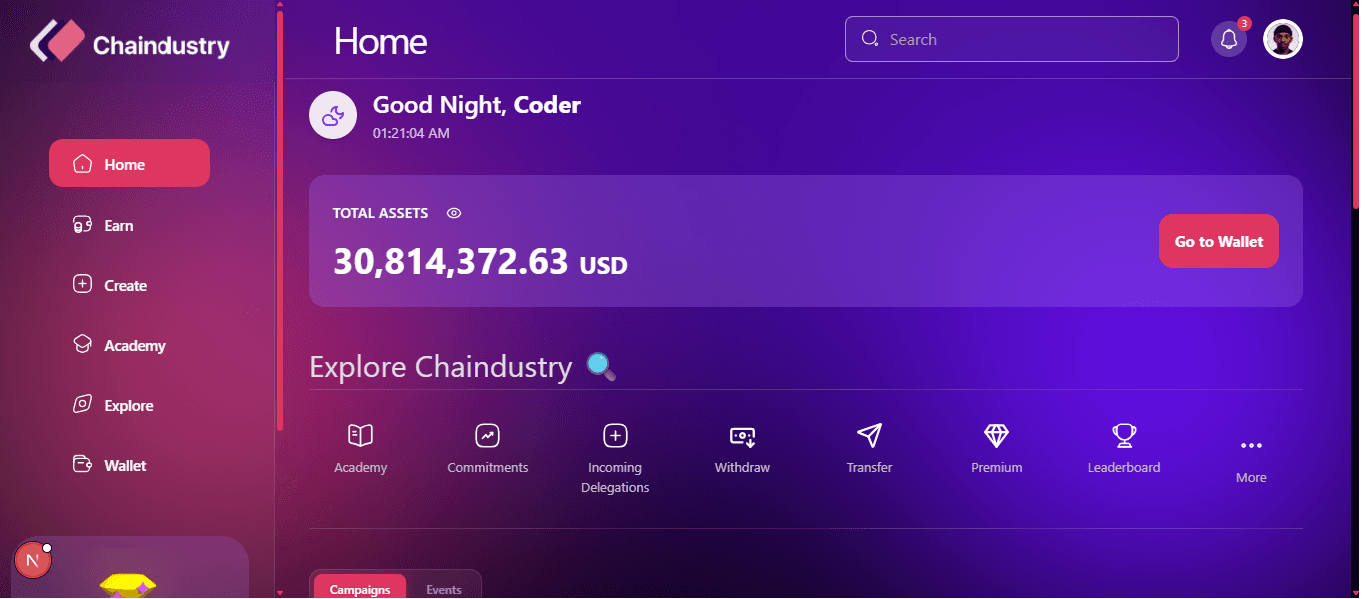 Chaindustry task dashboard showing available micro-tasks and reward balance