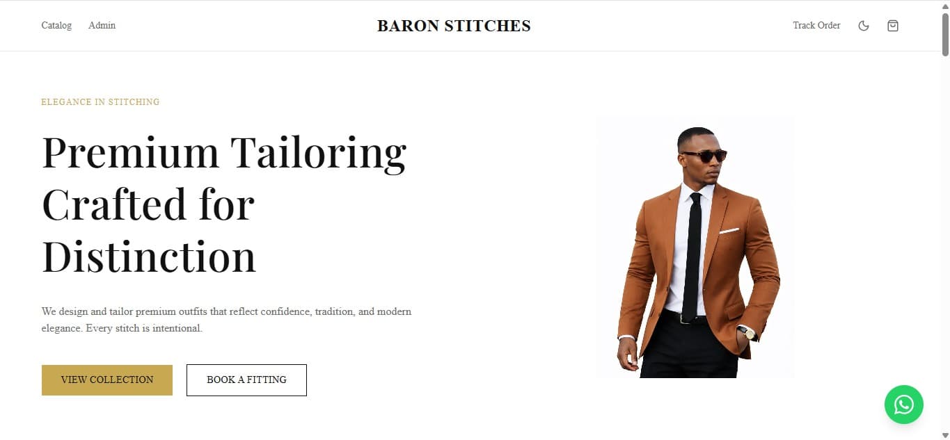 Baron Stitches storefront: 'Premium Tailoring Crafted for Distinction', with View Collection and Book a Fitting alongside a tailored suit